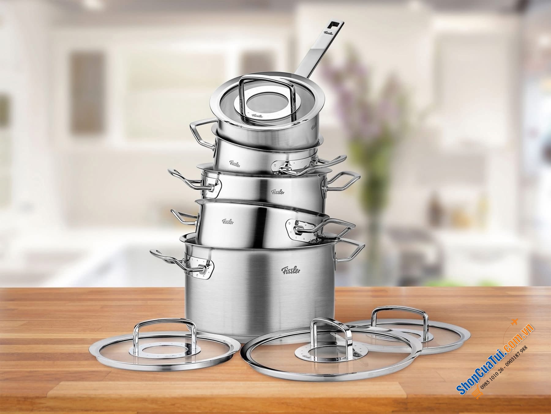 Bộ nồi Fissler Profi set 5 món kèm quánh vung kính made in Germany.