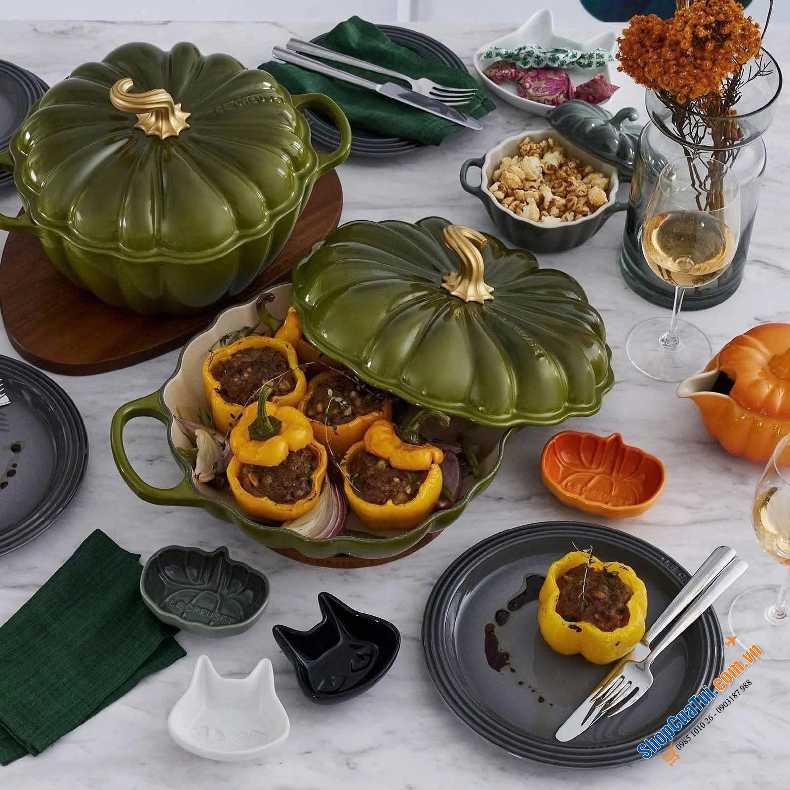Nồi chảo gang bí ngô Le Creuset  24cm màu Olive & mầu cam.
