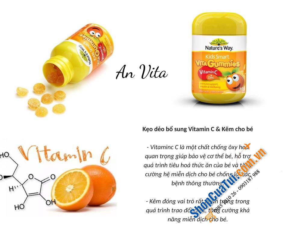 Kẹo dẻo Nature Way Kids Smart Vita Gummies Vitamin C + Zinc 60s For Children - bổ sung vitamin C và kẽm giúp tăng cường miễn dịch, kích thích tiêu hoá, ăn ngon miệng và ngủ ngon