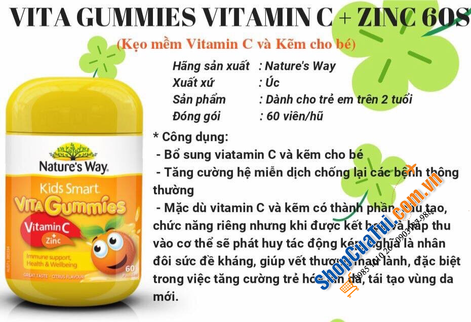 Kẹo dẻo Nature Way Kids Smart Vita Gummies Vitamin C + Zinc 60s For Children - bổ sung vitamin C và kẽm giúp tăng cường miễn dịch, kích thích tiêu hoá, ăn ngon miệng và ngủ ngon