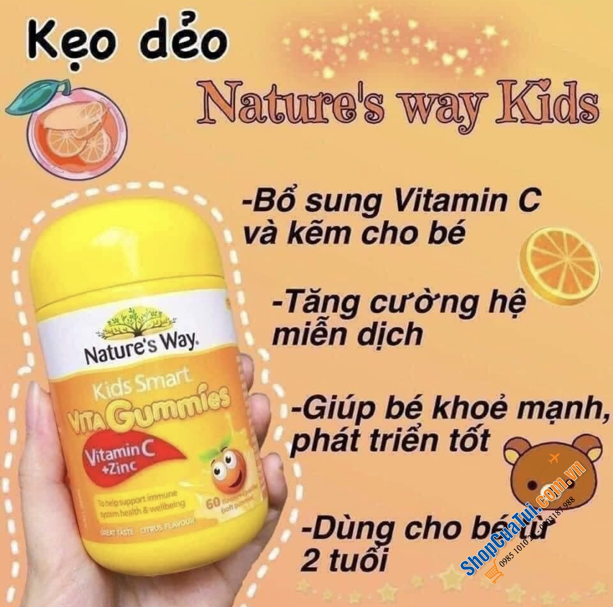 Kẹo dẻo Nature Way Kids Smart Vita Gummies Vitamin C + Zinc 60s For Children - bổ sung vitamin C và kẽm giúp tăng cường miễn dịch, kích thích tiêu hoá, ăn ngon miệng và ngủ ngon