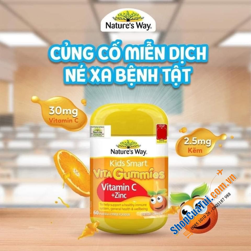 Kẹo dẻo Nature Way Kids Smart Vita Gummies Vitamin C + Zinc 60s For Children - bổ sung vitamin C và kẽm giúp tăng cường miễn dịch, kích thích tiêu hoá, ăn ngon miệng và ngủ ngon