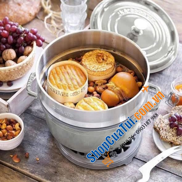 NỒI GANG Staub La Cocotte 24CM KÈM XỬNG HẤP MÀU GHI SỮA - Made in France.
