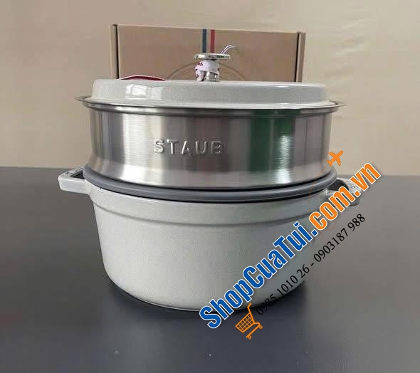 NỒI GANG Staub La Cocotte 24CM KÈM XỬNG HẤP MÀU GHI SỮA - Made in France.