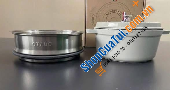 NỒI GANG Staub La Cocotte 24CM KÈM XỬNG HẤP MÀU GHI SỮA - Made in France.