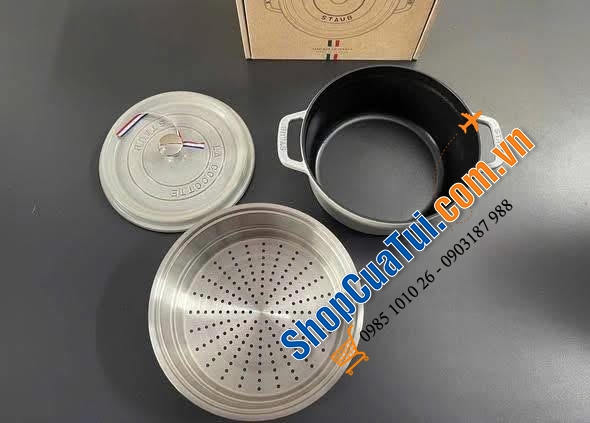 NỒI GANG Staub La Cocotte 24CM KÈM XỬNG HẤP MÀU GHI SỮA - Made in France.