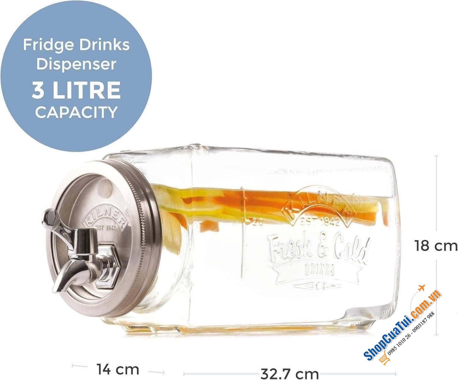 Bình nước thủy tinh Kilner Fridge 3L.
