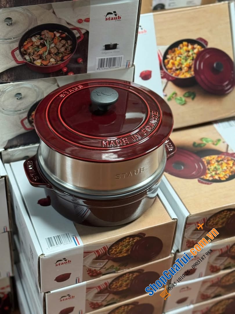 Bộ nồi kèm xửng hấp STAUB size 24cm đỏ mận.