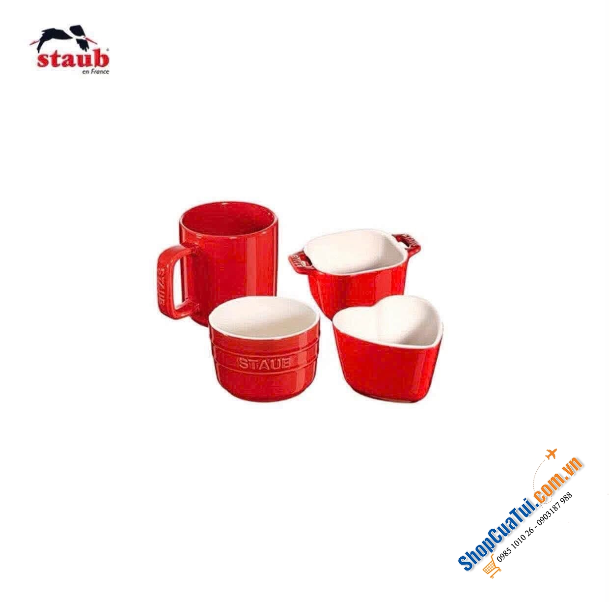 Set STAUB cafe Gourmand 5 món màu đỏ cherry nổi bật - phục vụ tiệc trà, cà phê xinh lắm.