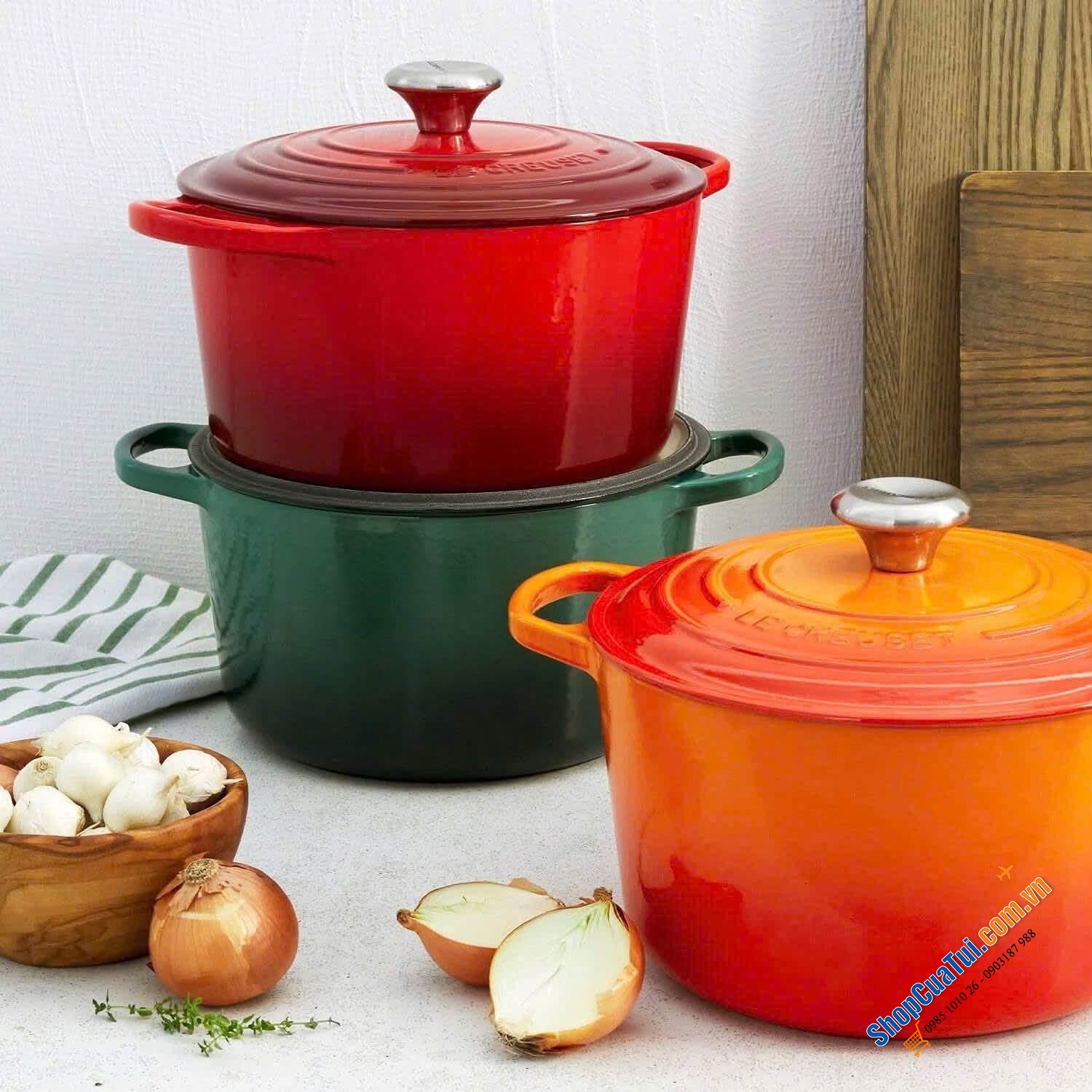 Le Creuset Deep Teal , bamboo , đỏ, cam 24cm Thành Cao.