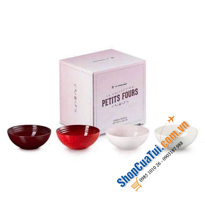 Set 4 bát Le Creuset Petits Fours 16cm.   Set 4 đĩa Le Creuset Petits Fours 17cm.   Set 4 bát Ramenkins Le Creuset Petits Fours 8cm.   Set 4 cốc Le Creuset Petits Fours 200ml.