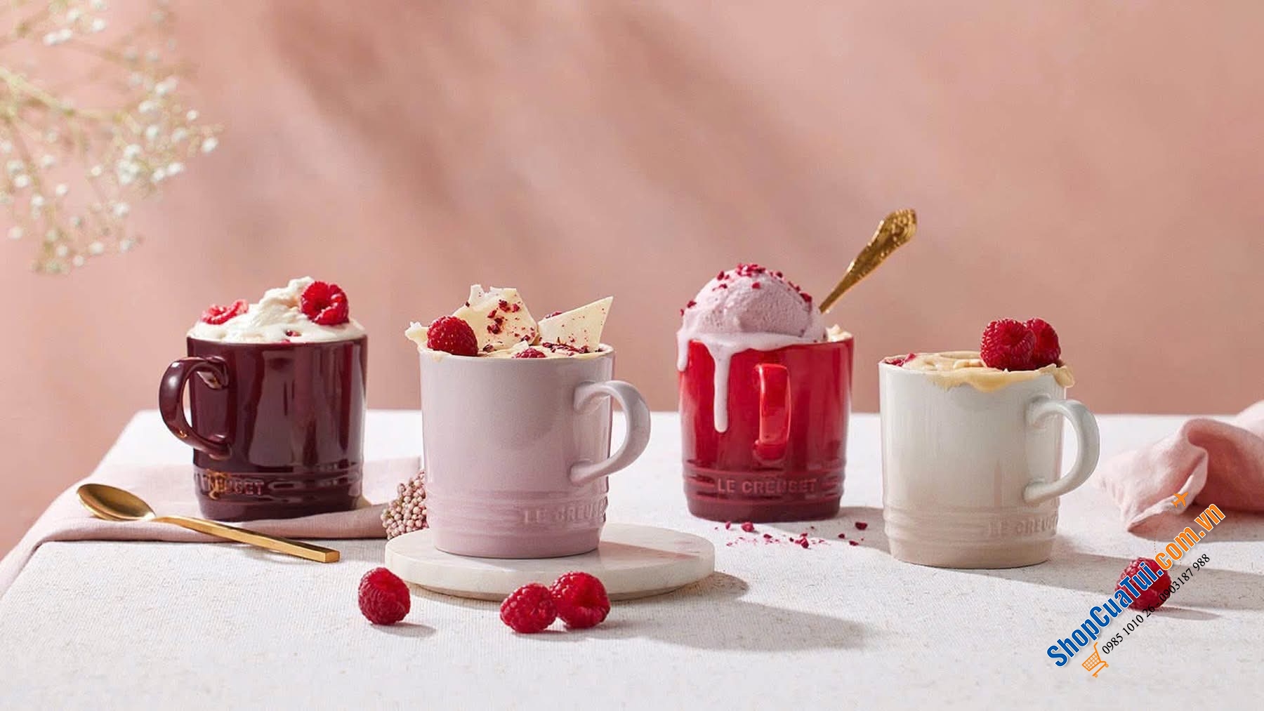 Set 4 bát Le Creuset Petits Fours 16cm.   Set 4 đĩa Le Creuset Petits Fours 17cm.   Set 4 bát Ramenkins Le Creuset Petits Fours 8cm.   Set 4 cốc Le Creuset Petits Fours 200ml.