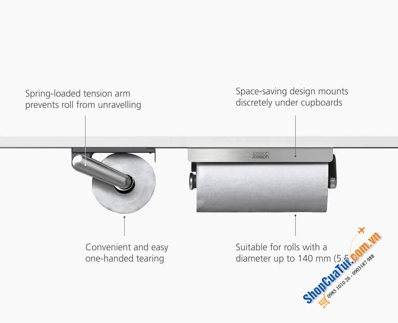 Giá treo giấy/khăn Joseph Joseph 8500004 RollGrip Easy-Tear – thiết kế thông minh giúp tận dụng không gian dưới tủ bếp, vừa tiện lợi vừa tăng tính thẩm mỹ.