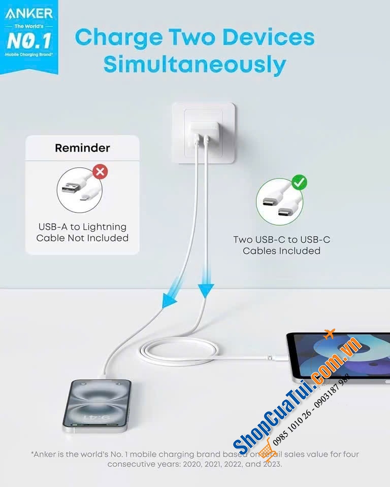 Sét củ sạc Anker 20w kèm cáp USB-C 1,5m.