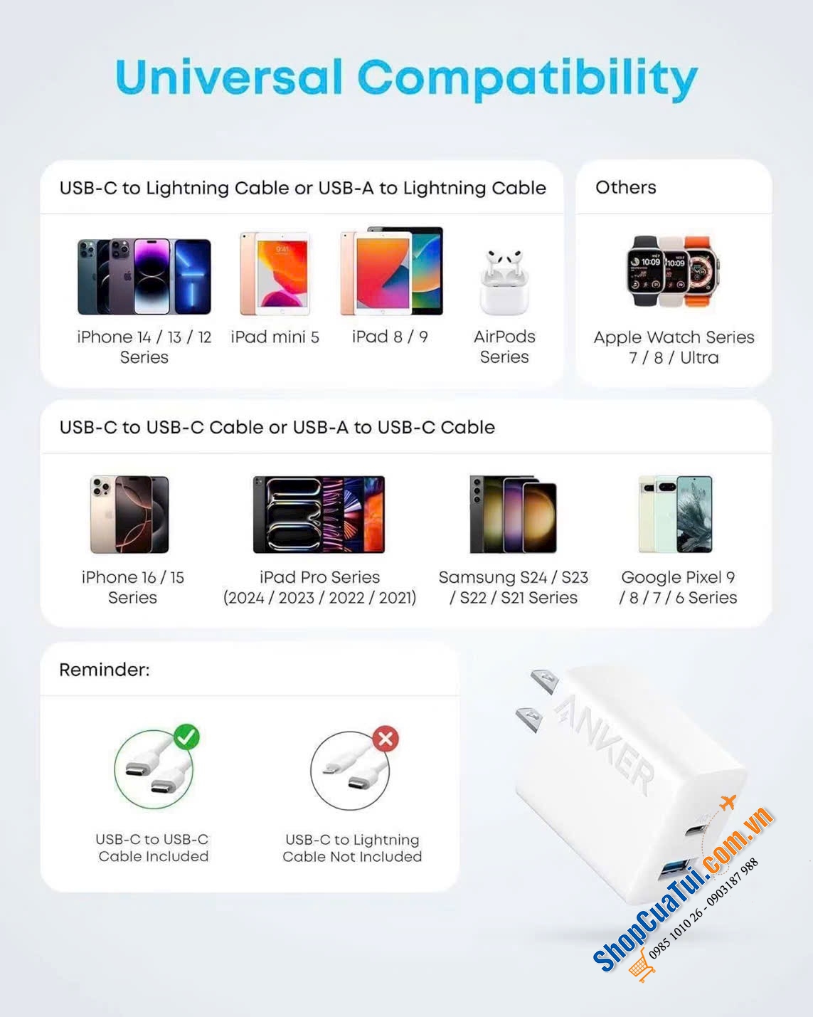 Sét củ sạc Anker 20w kèm cáp USB-C 1,5m.