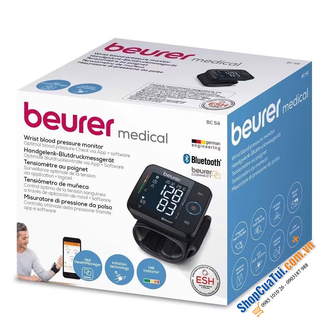 Máy đo huyết áp cổ tay điện tử cảm ứng BEURER BC54 màu đen.