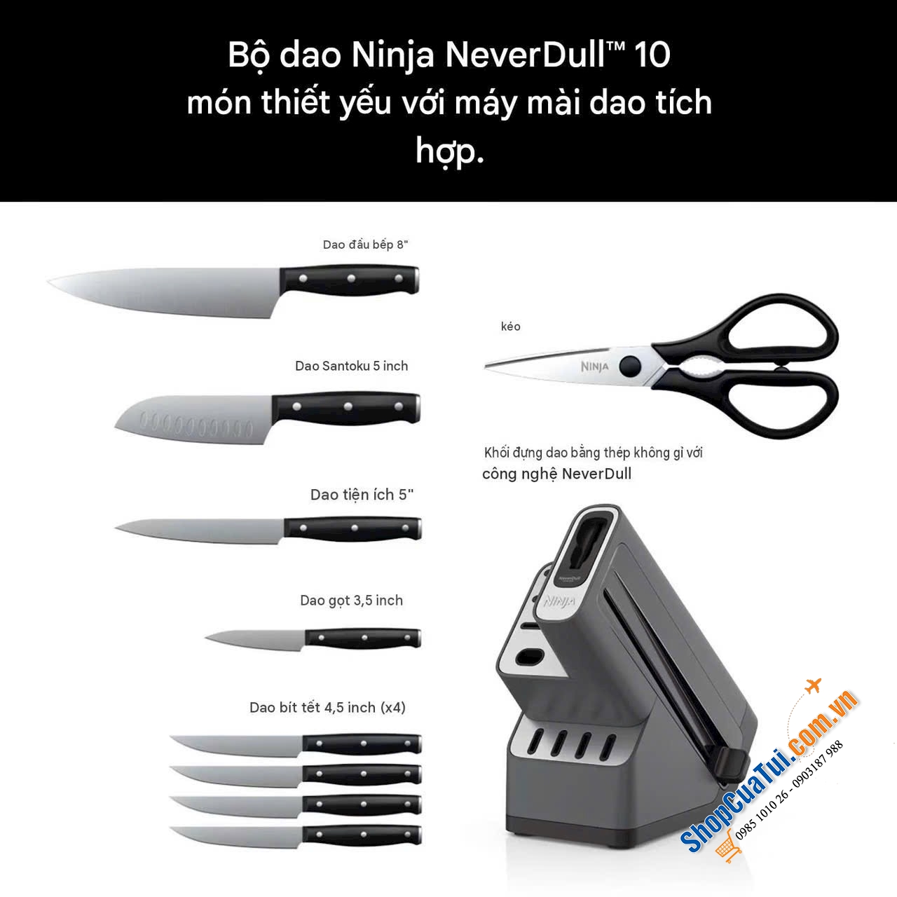 Bộ dao tự mài 10 món Ninja NeverDull Essential.