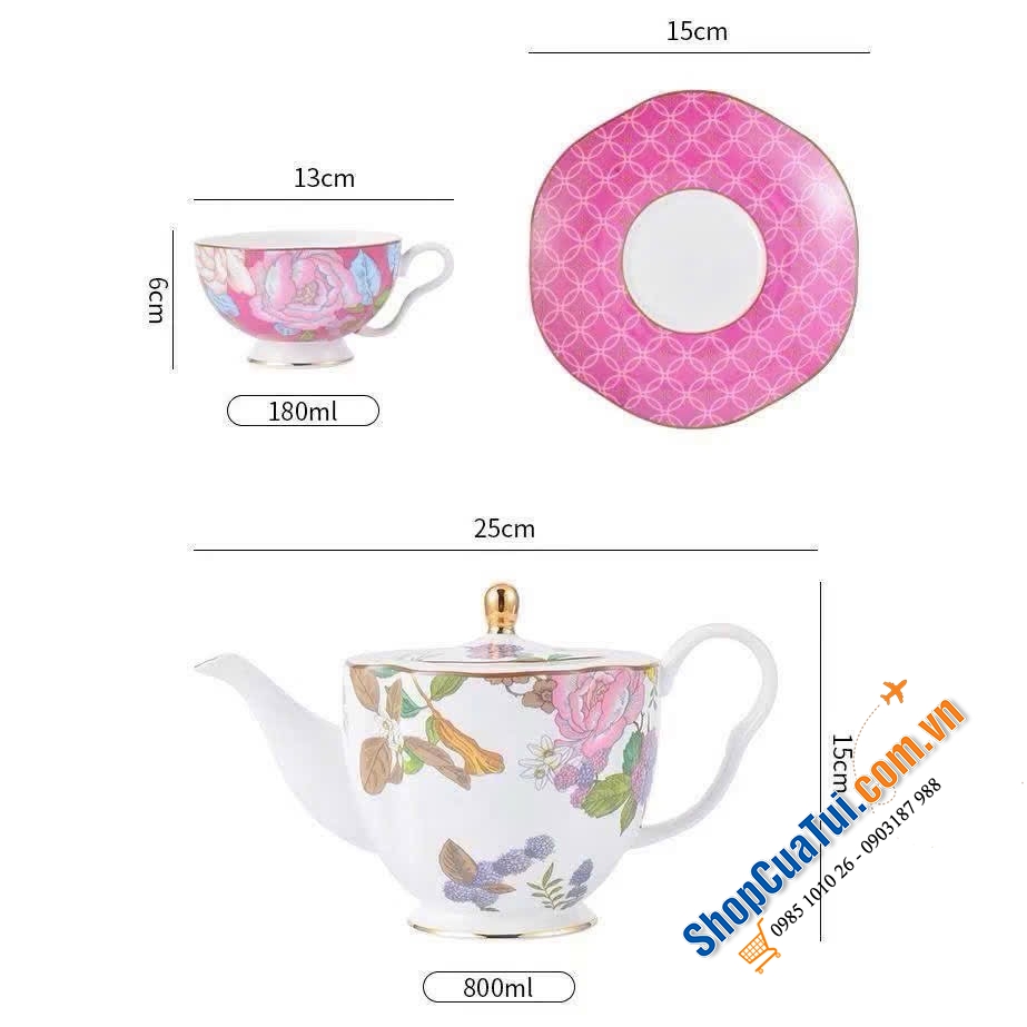 Bộ ấm + 4 tách ly trà gốm sứ Wedgwood.