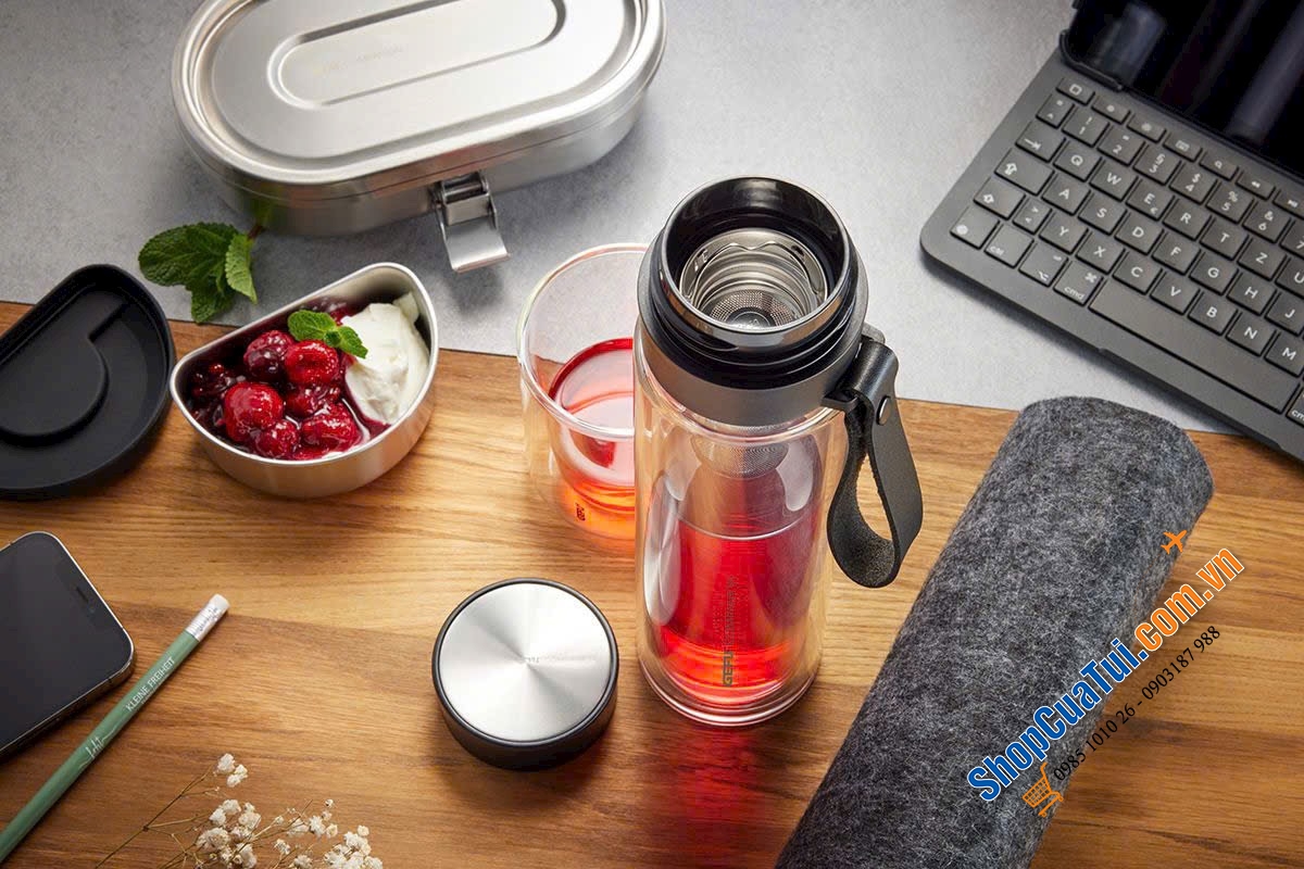 BÌNH PHA TRÀ, Ủ COLD BREW THỦY TINH 2 LỚP GEFU COMPANION 12796 (450ML) CÓ TÚI XÁCH & QUAI DA MANG ĐI.