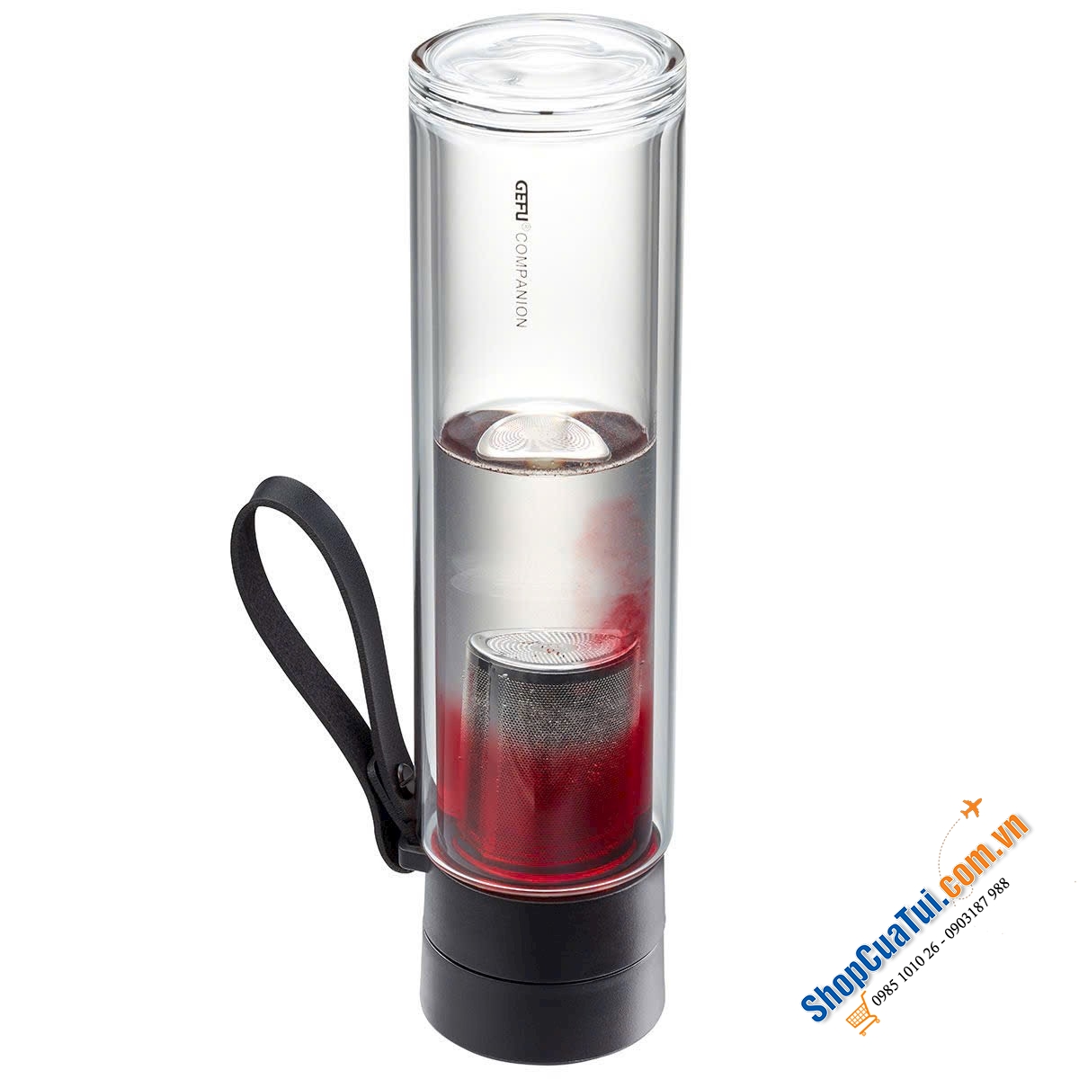 BÌNH PHA TRÀ, Ủ COLD BREW THỦY TINH 2 LỚP GEFU COMPANION 12796 (450ML) CÓ TÚI XÁCH & QUAI DA MANG ĐI.