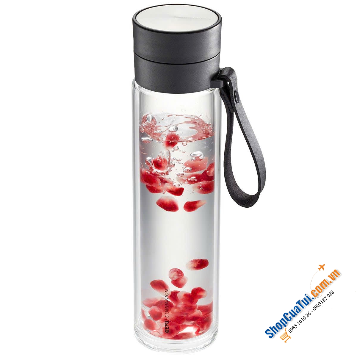 BÌNH PHA TRÀ, Ủ COLD BREW THỦY TINH 2 LỚP GEFU COMPANION 12796 (450ML) CÓ TÚI XÁCH & QUAI DA MANG ĐI.