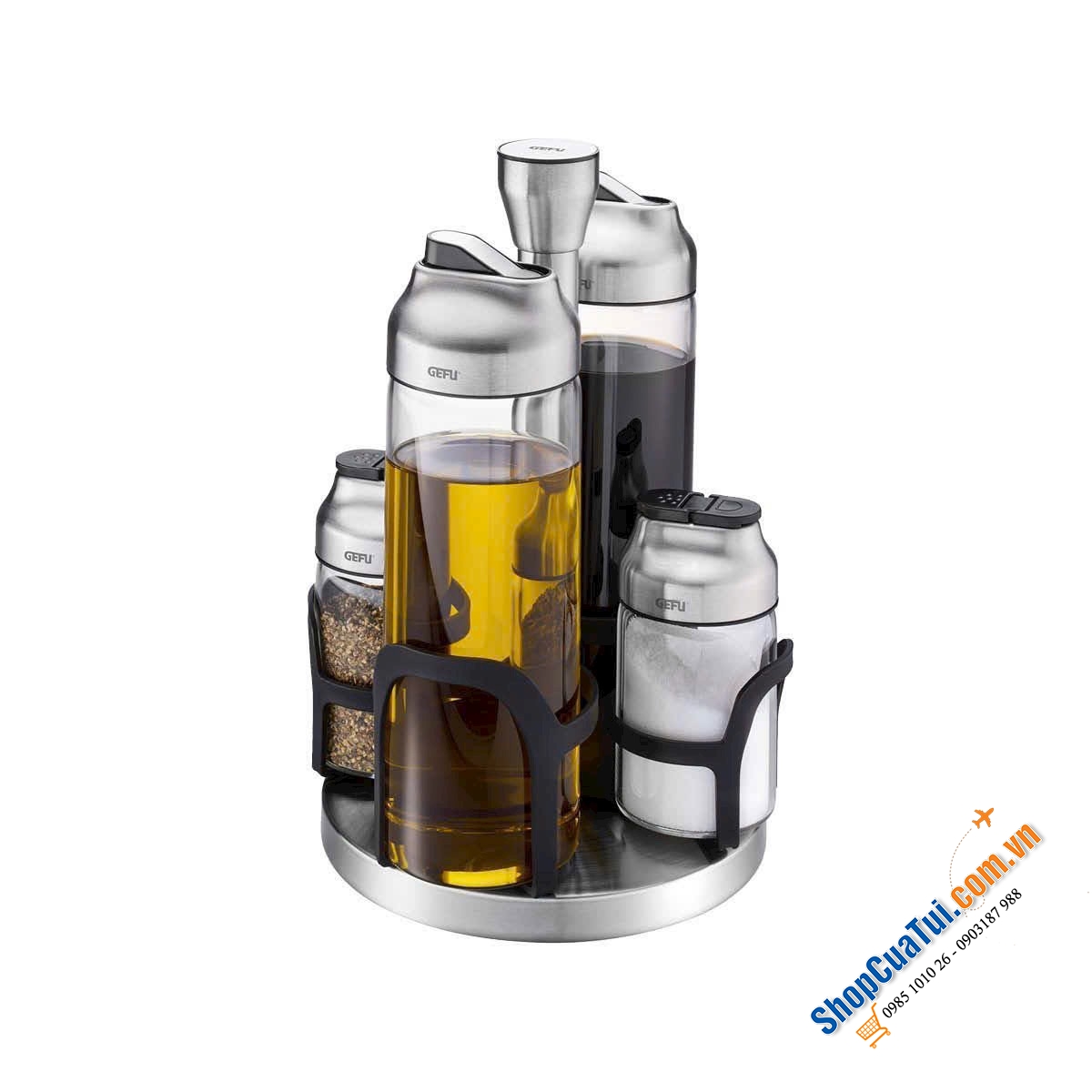 SET 4 BÌNH GIA VỊ, DẦU GIẤM KÈM GIÁ XOAY GEFU 33734 KIPPO.