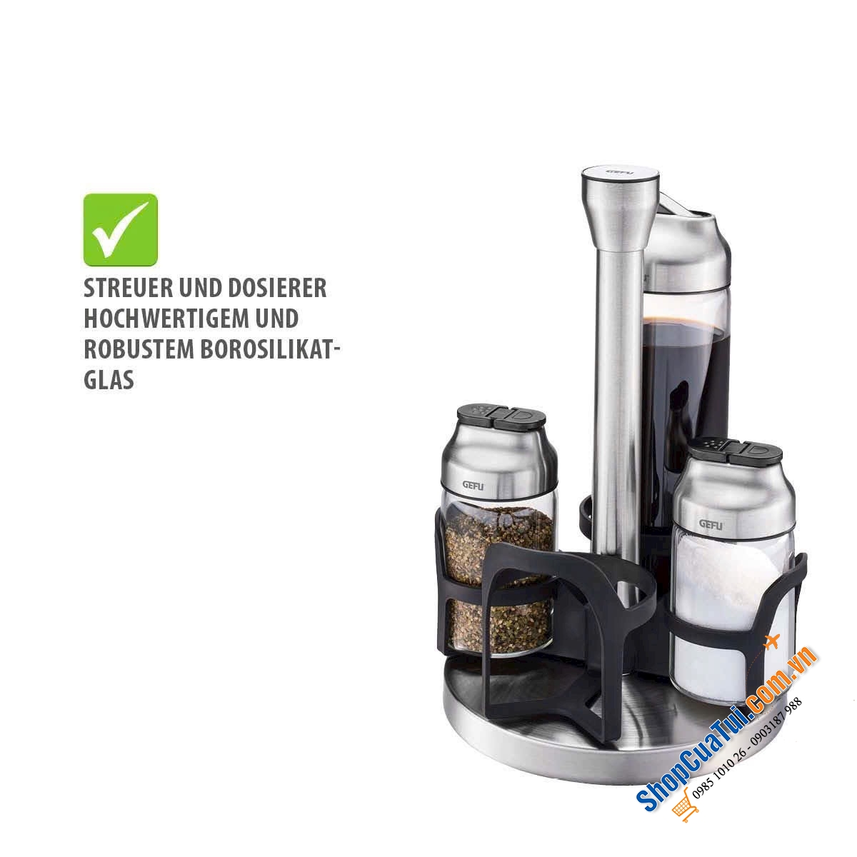 SET 4 BÌNH GIA VỊ, DẦU GIẤM KÈM GIÁ XOAY GEFU 33734 KIPPO.