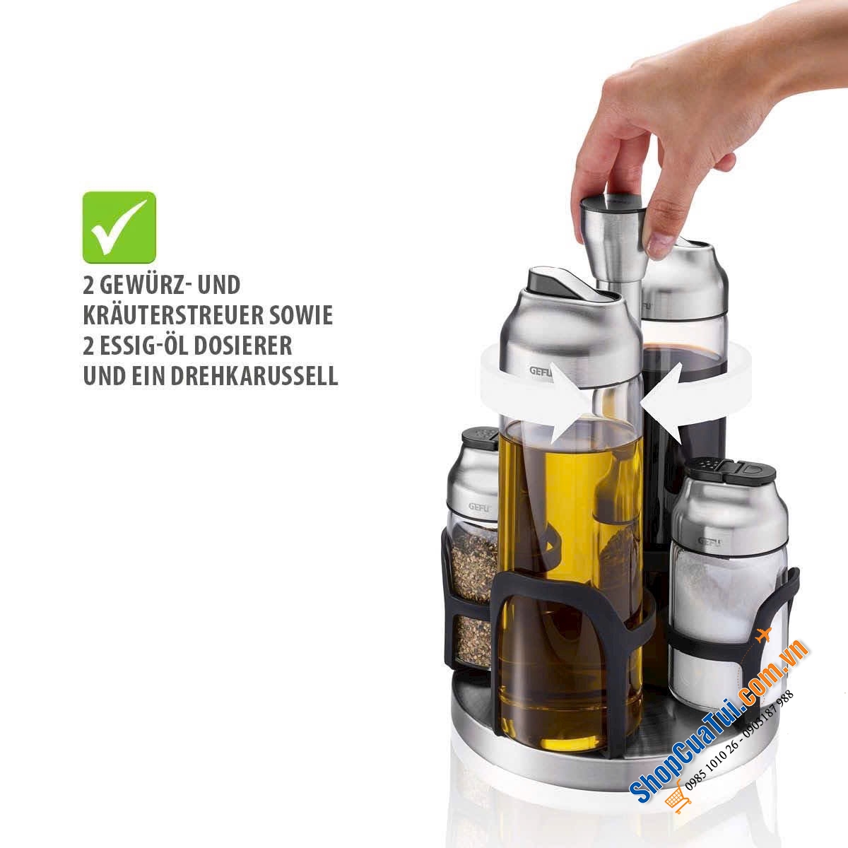 SET 4 BÌNH GIA VỊ, DẦU GIẤM KÈM GIÁ XOAY GEFU 33734 KIPPO.