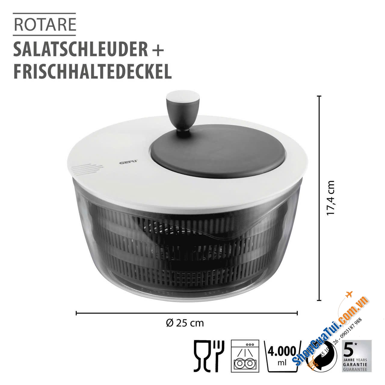 RỔ QUAY VẮT RÁO RAU SALAD GEFU 00182 ROTARE (3L).