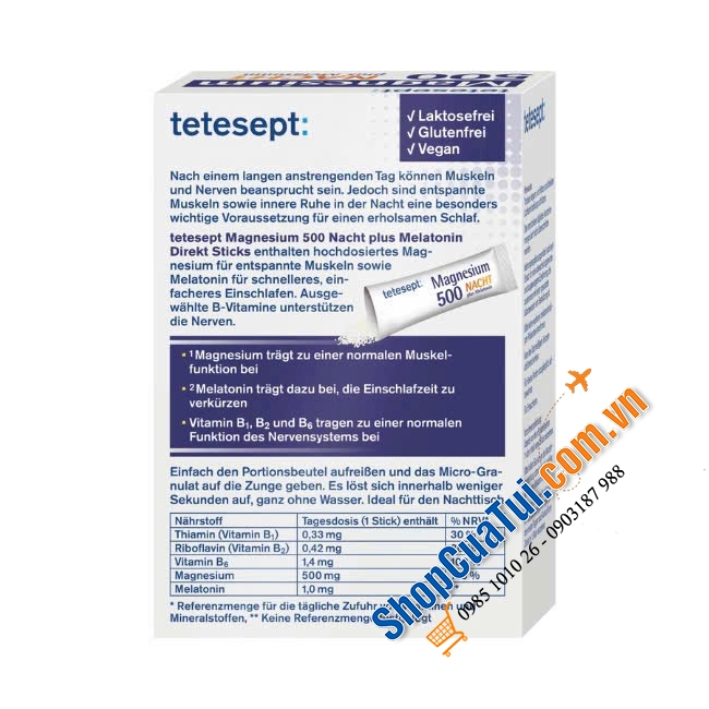 Gói Magnesium 500mg và 1 xíu thành phần Melatonin giúp cho bạn bảo trì, bảo dưỡng, chăm sóc não bộ, giúp ngủ ngon giấc và sâu giấc.