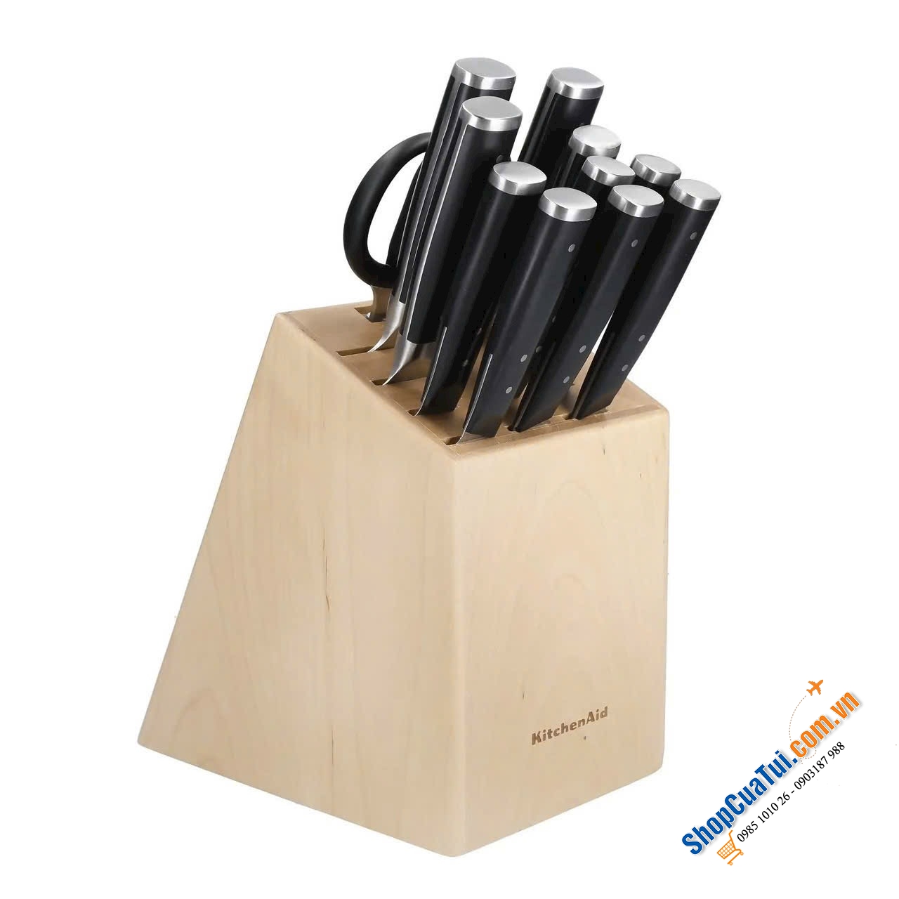 Bộ dao KitchenAid 12 món kèm đốc cắm dao KAG12STSNBXOBQ tích hợp mài dao.