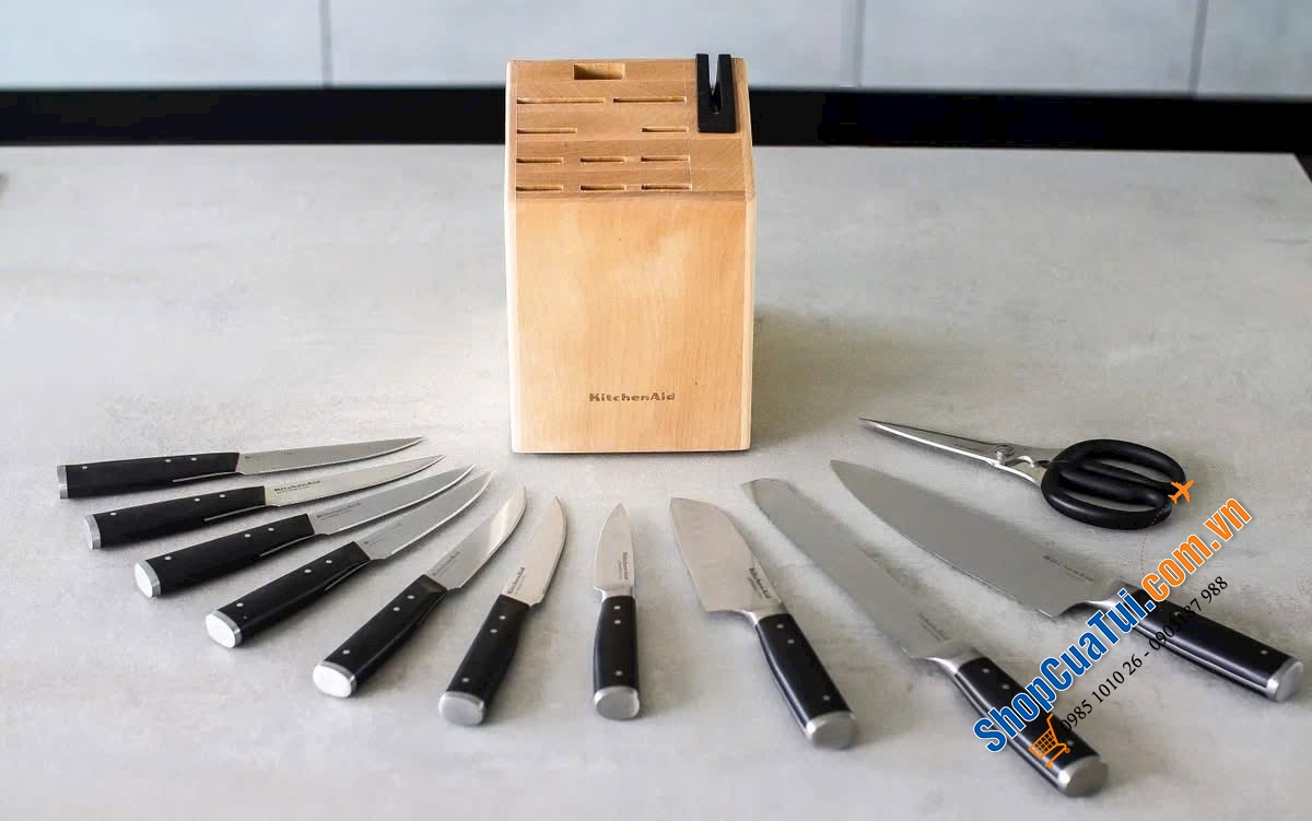 Bộ dao KitchenAid 12 món kèm đốc cắm dao KAG12STSNBXOBQ tích hợp mài dao.