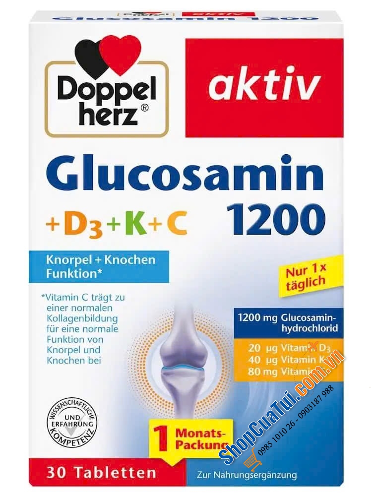 Doppelherz Aktiv Glucosamin 1200 + D3 + K + C – Bảo vệ xương khớp toàn diện.