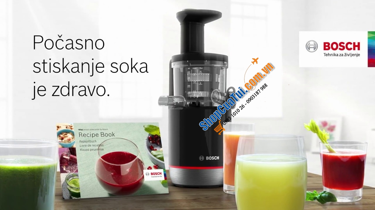 MÁY ÉP CHẬM BOSCH MESM731M với 3 lưới lọc bã và 2 chế độ lấy nước ép: ít bã/ lấy cả bã (dạng sinh tố), bánh răng Titan dạng siêu bền