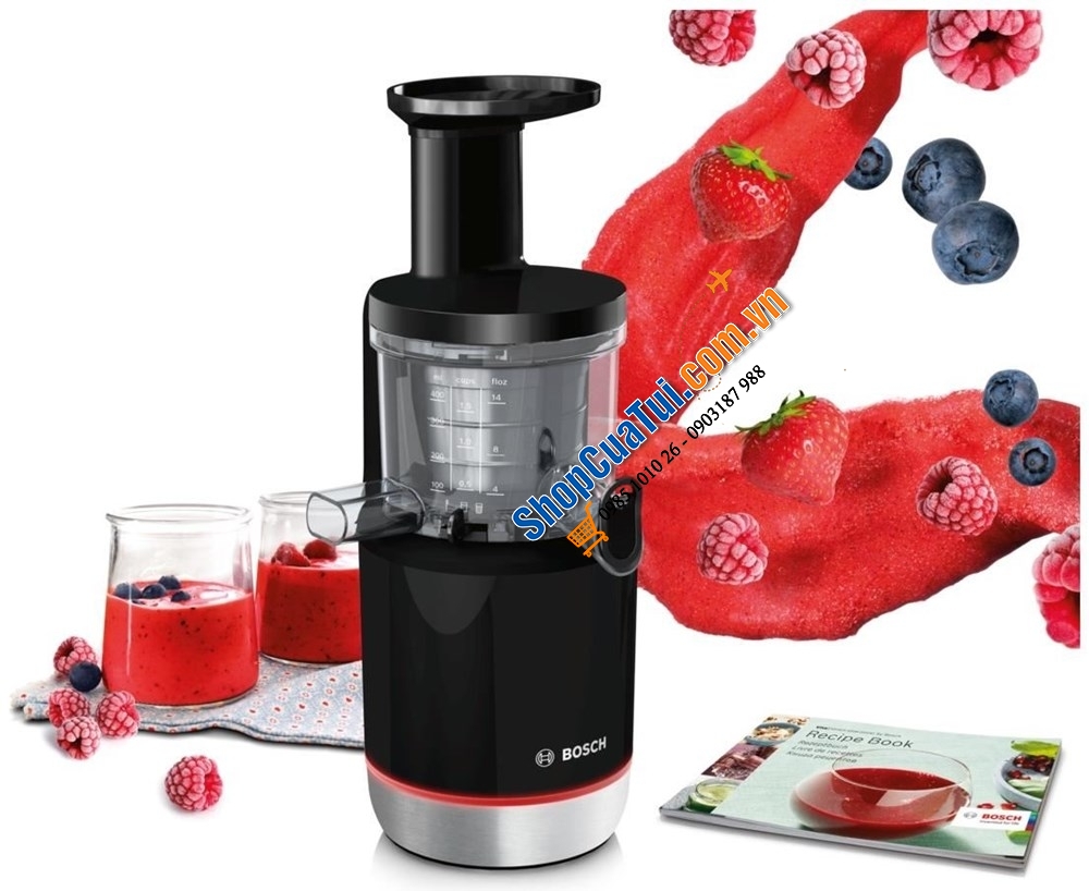 MÁY ÉP CHẬM BOSCH MESM731M với 3 lưới lọc bã và 2 chế độ lấy nước ép: ít bã/ lấy cả bã (dạng sinh tố), bánh răng Titan dạng siêu bền