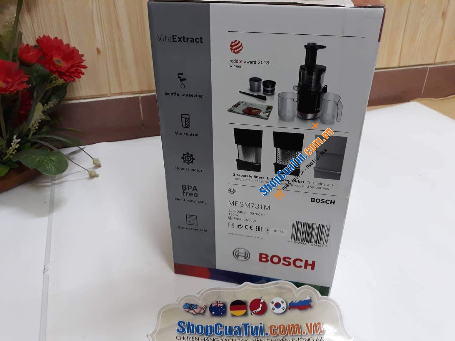 MÁY ÉP CHẬM BOSCH MESM731M với 3 lưới lọc bã và 2 chế độ lấy nước ép: ít bã/ lấy cả bã (dạng sinh tố), bánh răng Titan dạng siêu bền