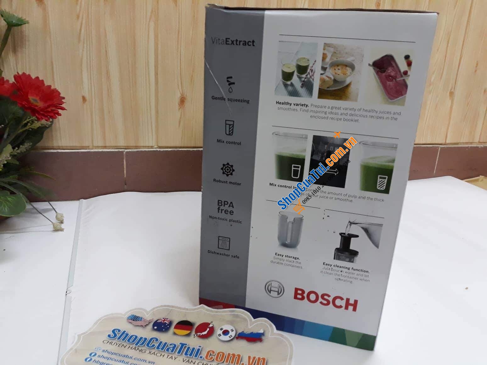 MÁY ÉP CHẬM BOSCH MESM731M với 3 lưới lọc bã và 2 chế độ lấy nước ép: ít bã/ lấy cả bã (dạng sinh tố), bánh răng Titan dạng siêu bền