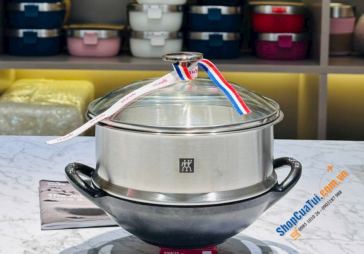 Combo Staub Wok Baby 16cm + xửng hấp.