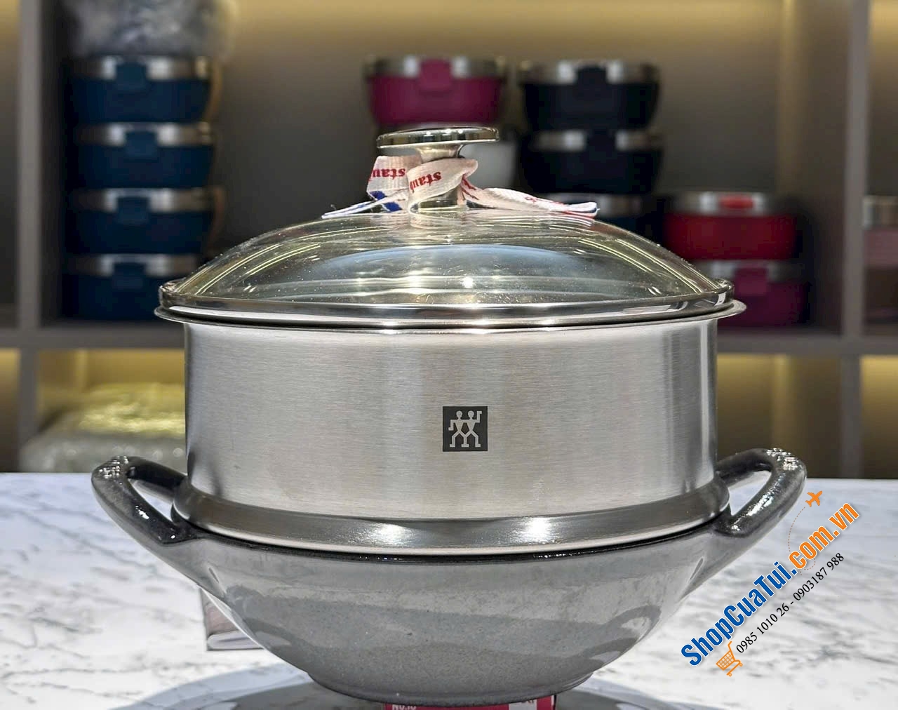 Combo Staub Wok Baby 16cm + xửng hấp.