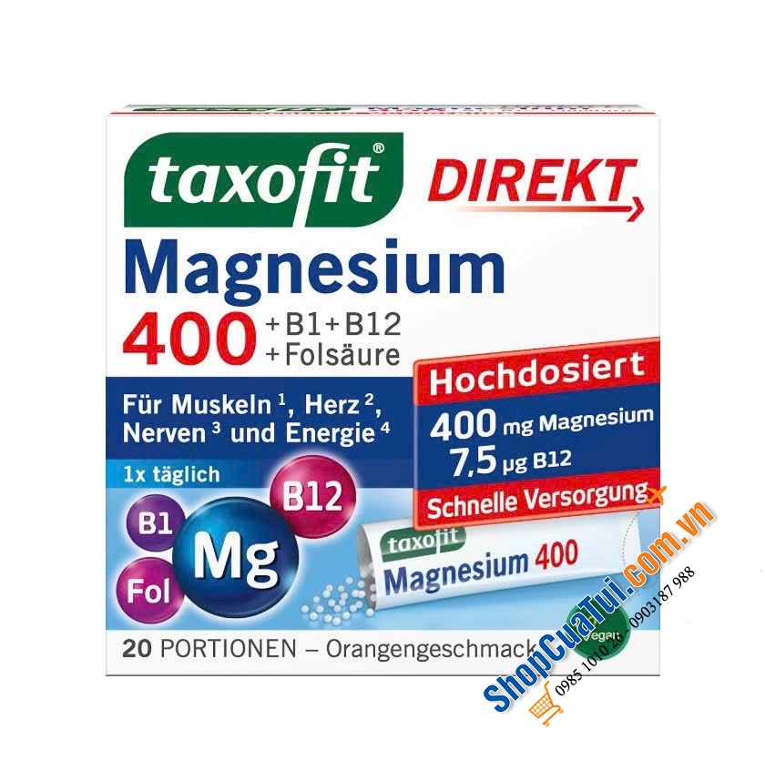 MAGNESIUM TAXOFIT 400 DIREKT dạng bột đóng gói.
