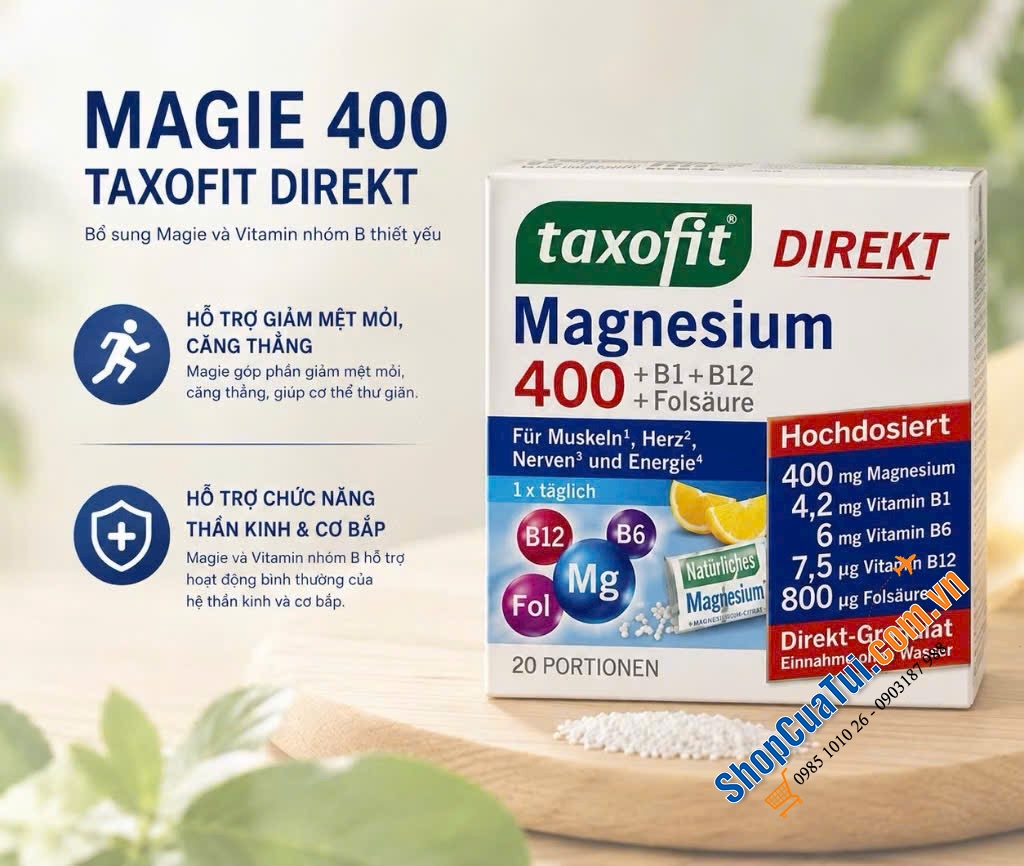 MAGNESIUM TAXOFIT 400 DIREKT dạng bột đóng gói.