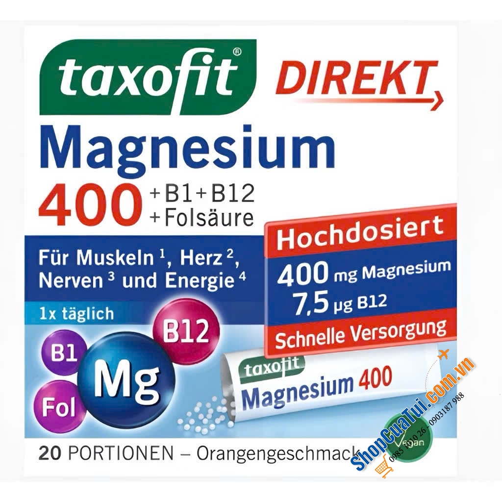 MAGNESIUM TAXOFIT 400 DIREKT dạng bột đóng gói.