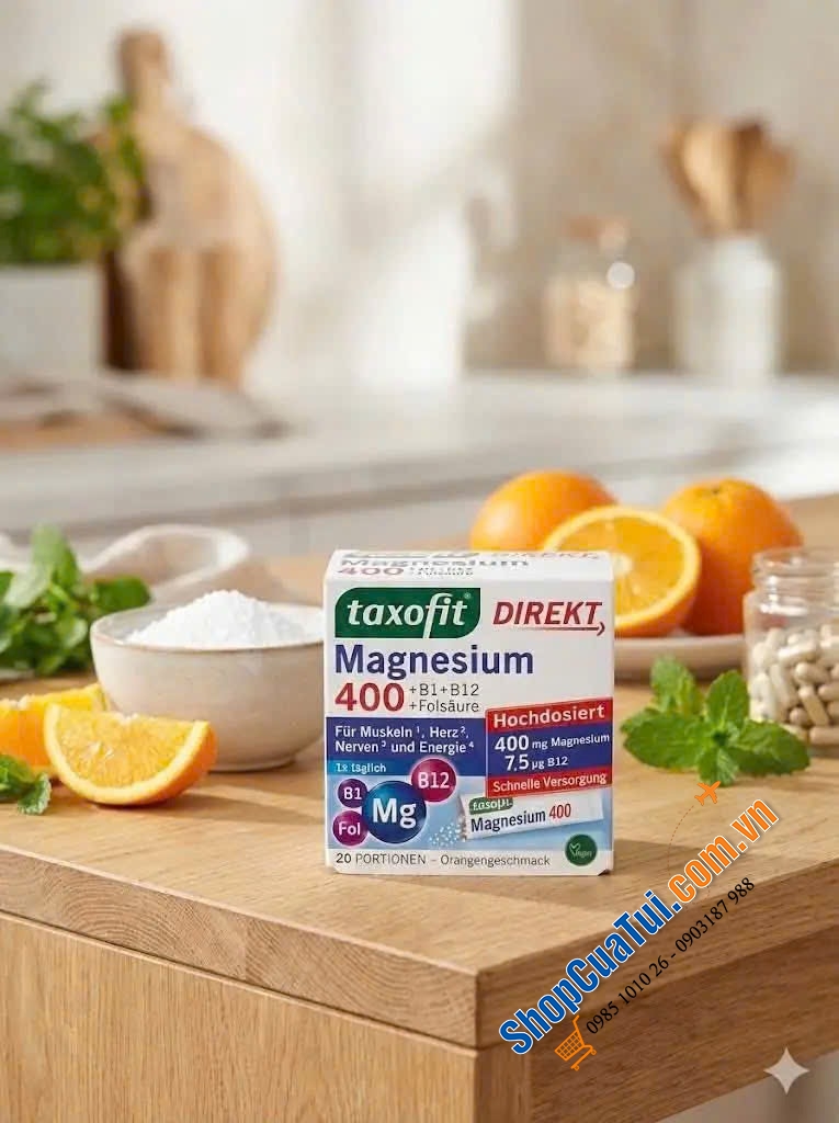 MAGNESIUM TAXOFIT 400 DIREKT dạng bột đóng gói.