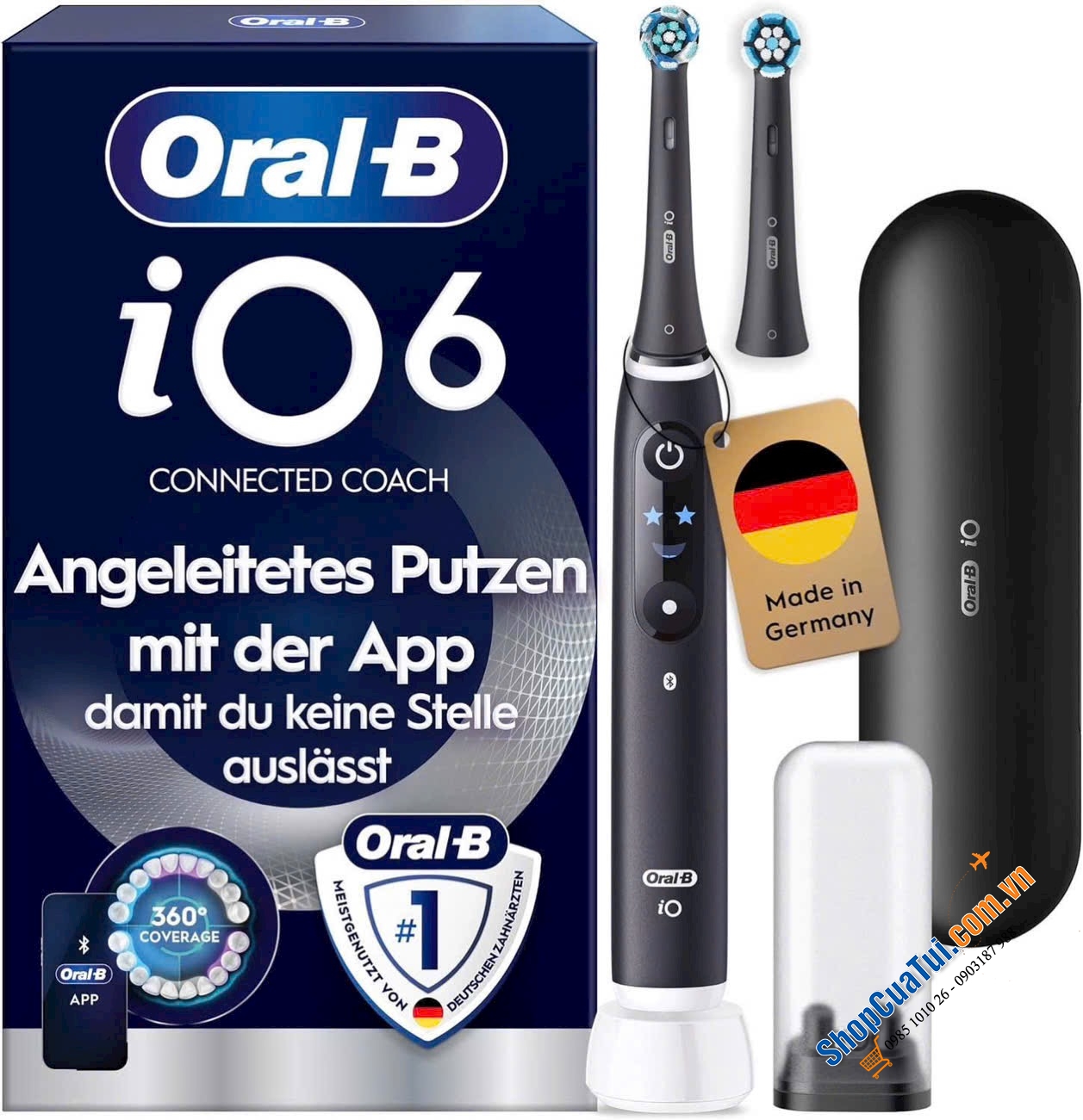 Bàn chải đánh răng điện ORAL-B iO Series 6 connected coach màu: Đen và trắng - Made in Germany.