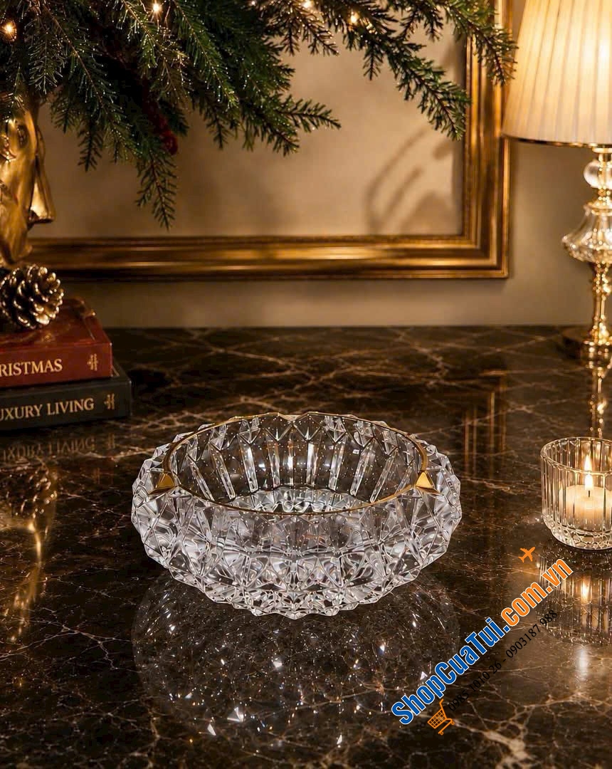 Gạt tàn pha lê Rogaska Crown Jewel 15cm viền vàng.