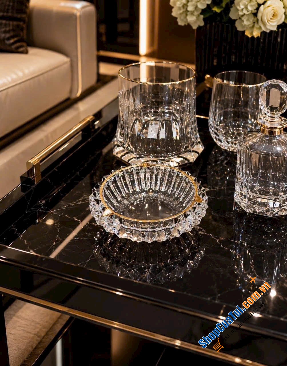 Gạt tàn pha lê Rogaska Crown Jewel 15cm viền vàng.