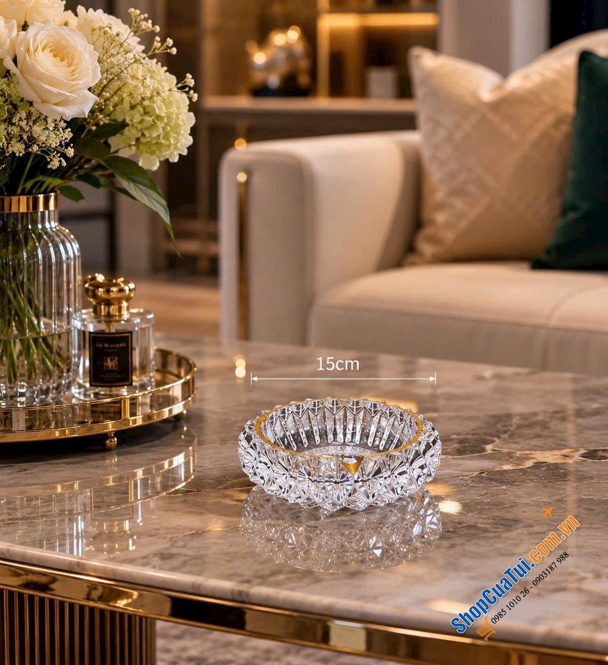 Gạt tàn pha lê Rogaska Crown Jewel 15cm viền vàng.