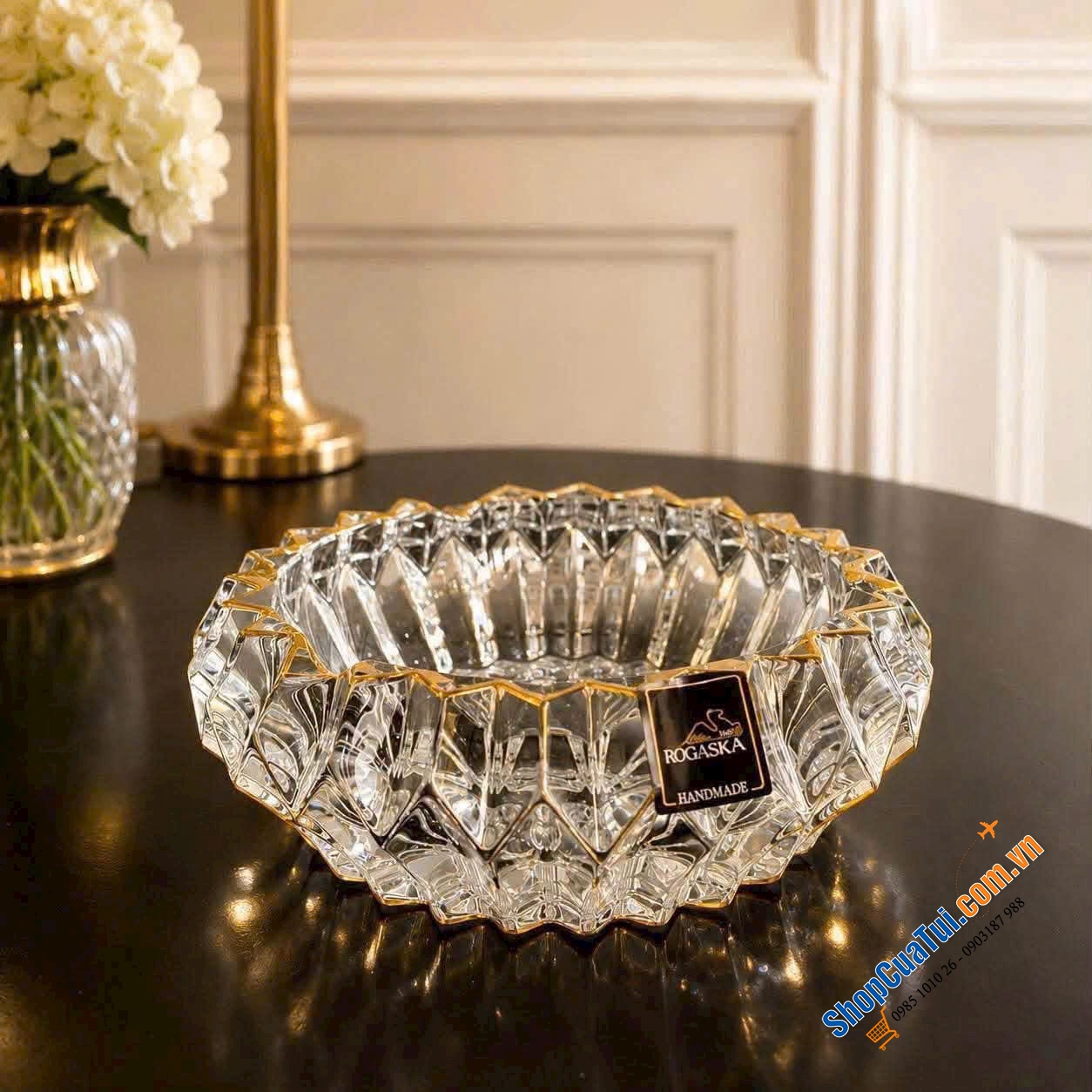 Gạt tàn pha lê Rogaska Crown Jewel 15cm viền vàng.