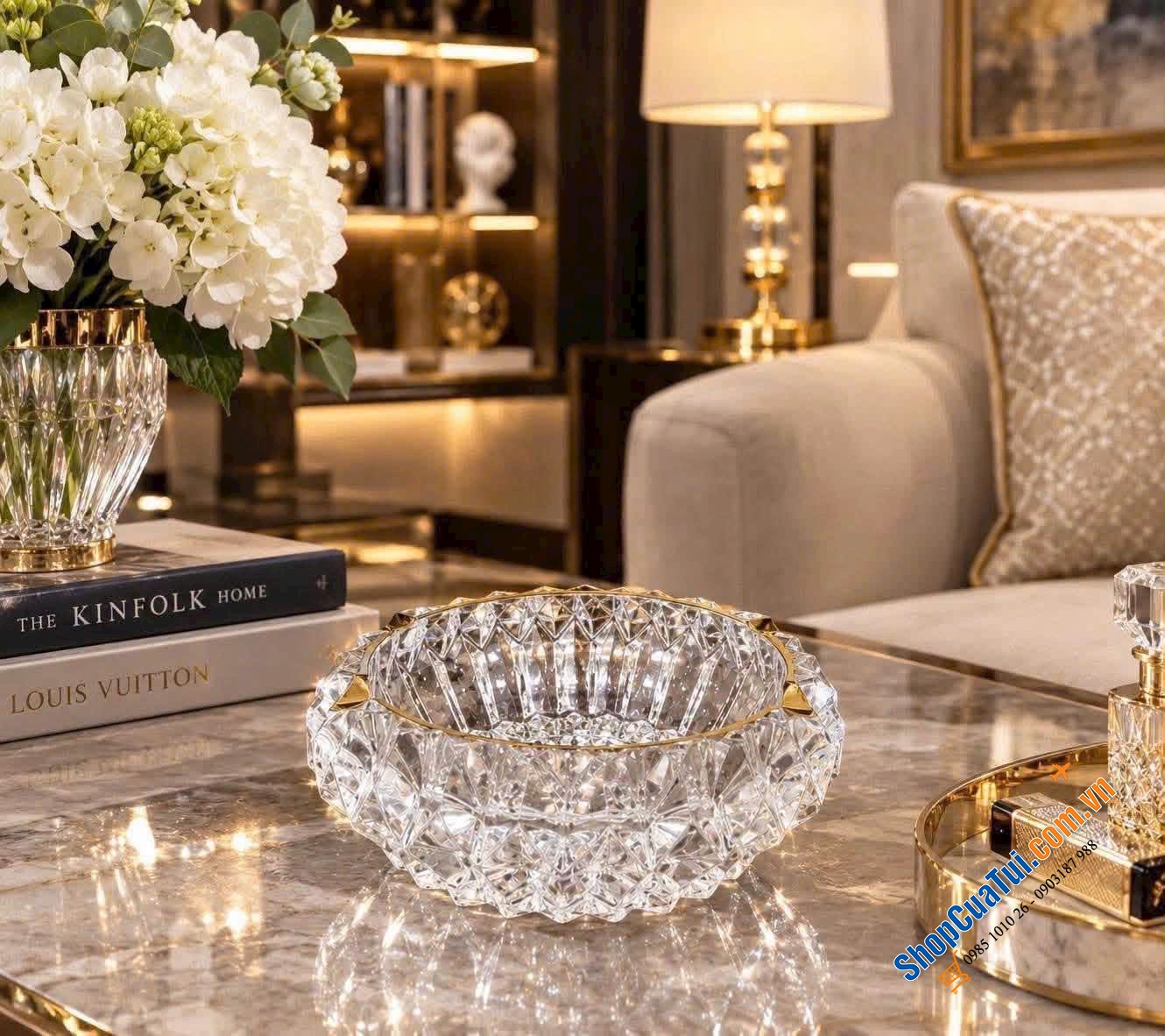 Gạt tàn pha lê Rogaska Crown Jewel 15cm viền vàng.