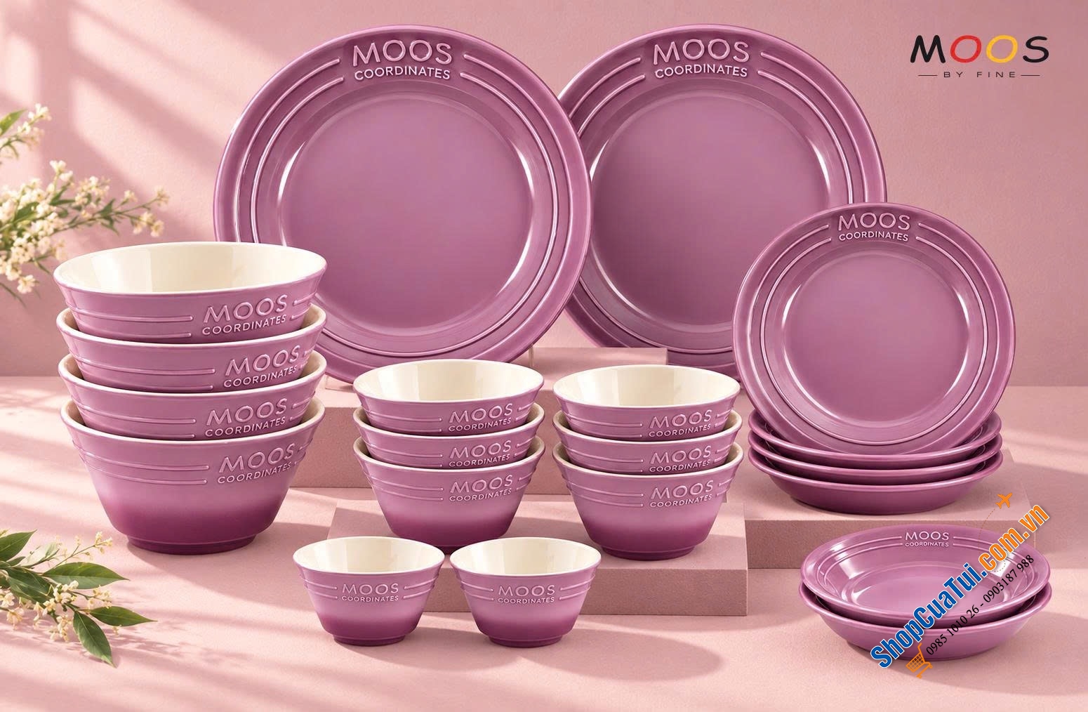 SET BÁT ĐĨA 20 MÓN MOOS By FINE CỦA ĐỨC (có màu Tím, Hồng, Xanh)